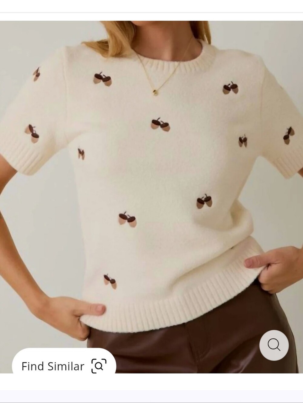 SUNDAY EDITION Embroidered Acorn Short Sleeve Sweater in Beige - Size Large